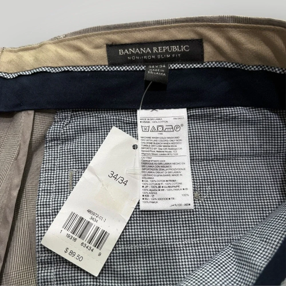 Banana Republic Pants Mens 34x34 Gray Plaid Non-Iron Slim Fit‎ Chino Straight